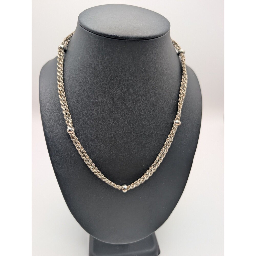 Vintage Silver Tone Multi Strand Rope Chain Necklace Round Bead Accents 18"